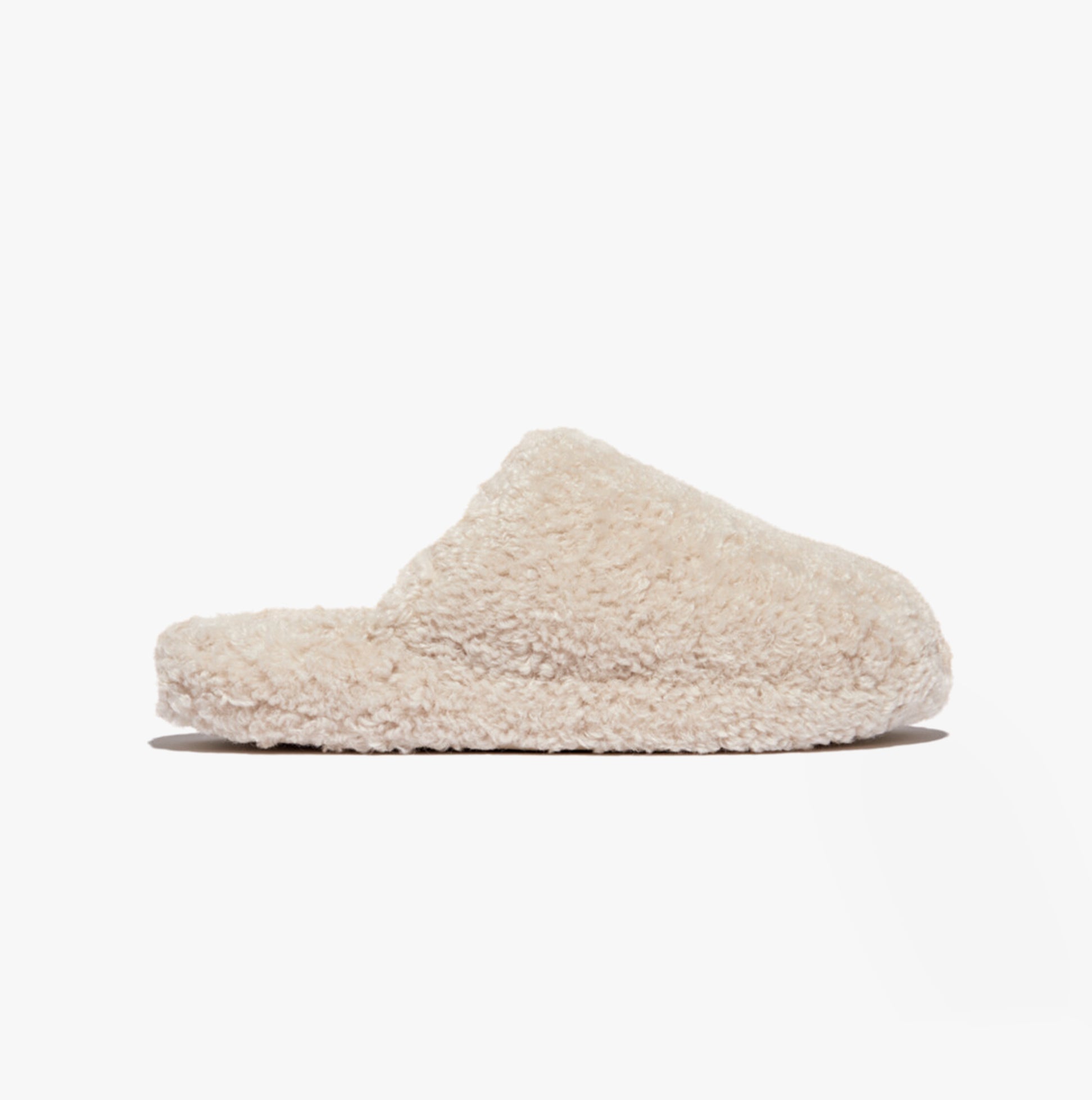 FitFlop iQUSHION D-LUXE Womens Mule Slippers Milk Ice side view showing soft textile upper and comfortable design
