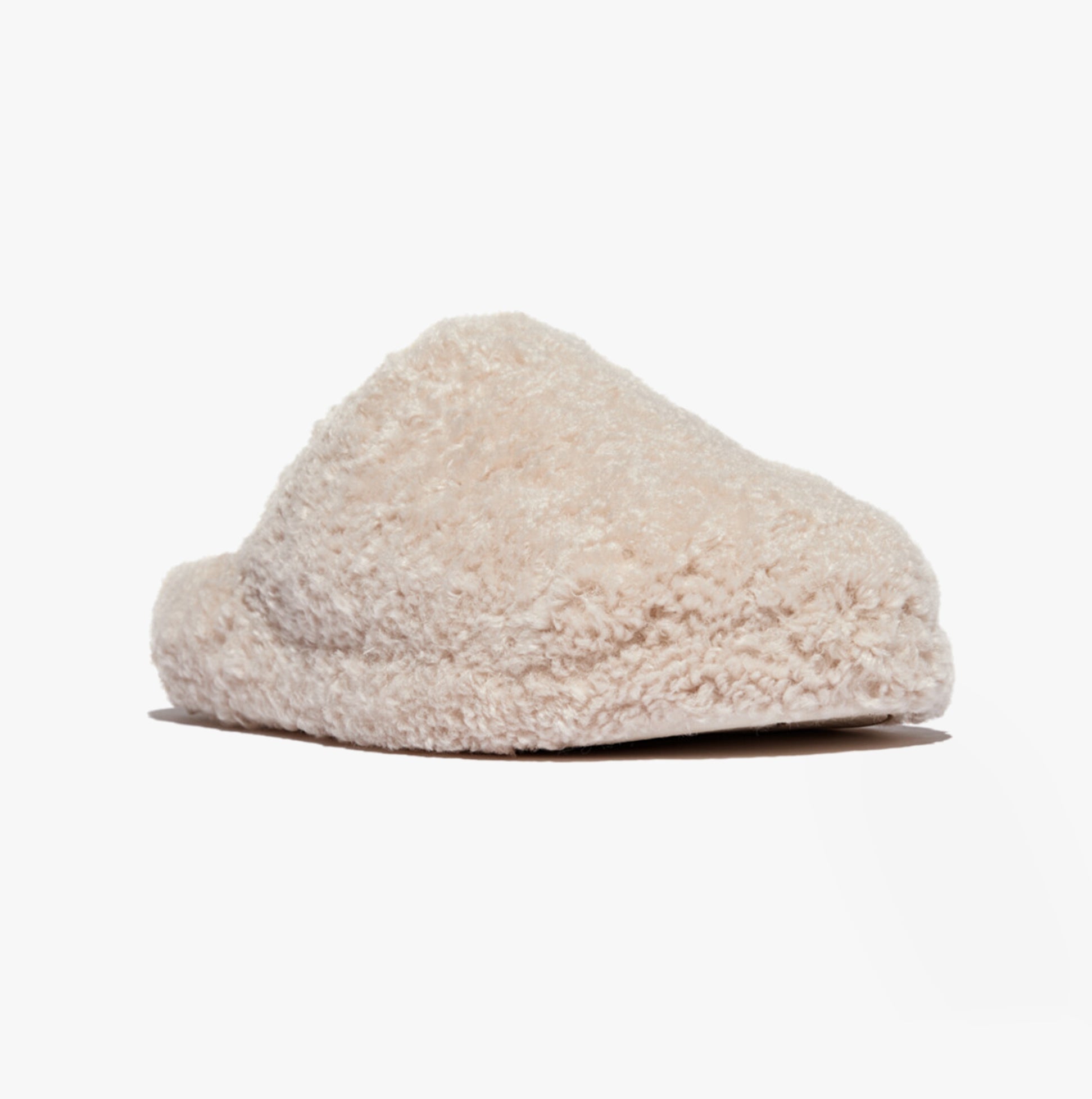 FitFlop iQUSHION D-LUXE Womens Mule Slippers Milk Ice side view showing the soft textile upper and round toe design.