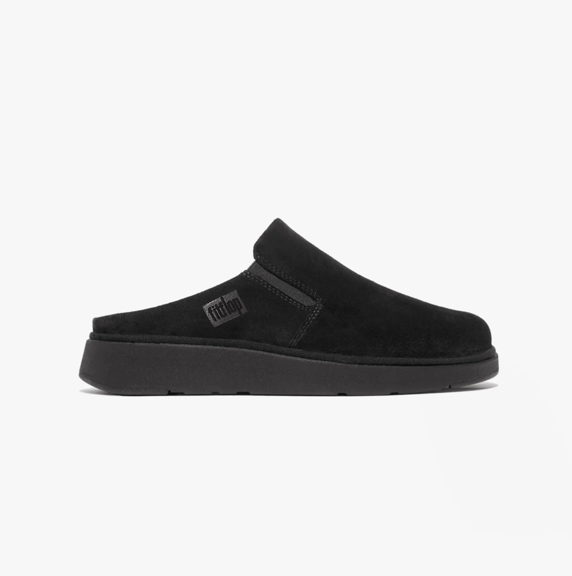 FitFlop GEN-FF Womens Mules Black side view showcasing suede upper and slip-on design.