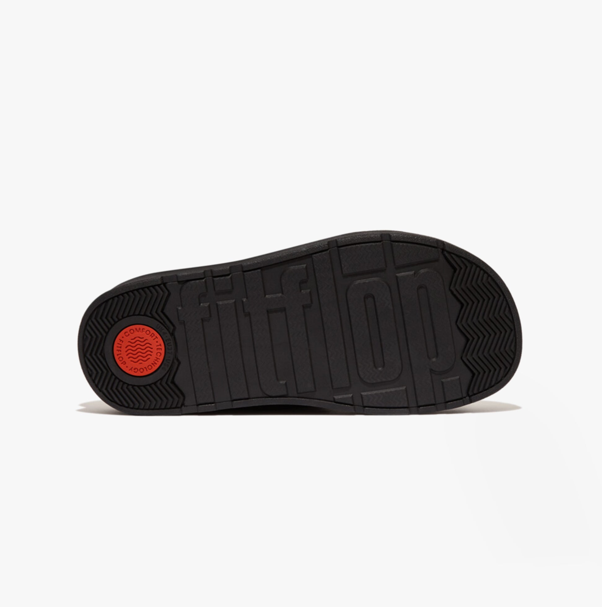 FitFlop GEN-FF Womens Mules Black bottom view showing rubber sole with grip pattern and red accent.