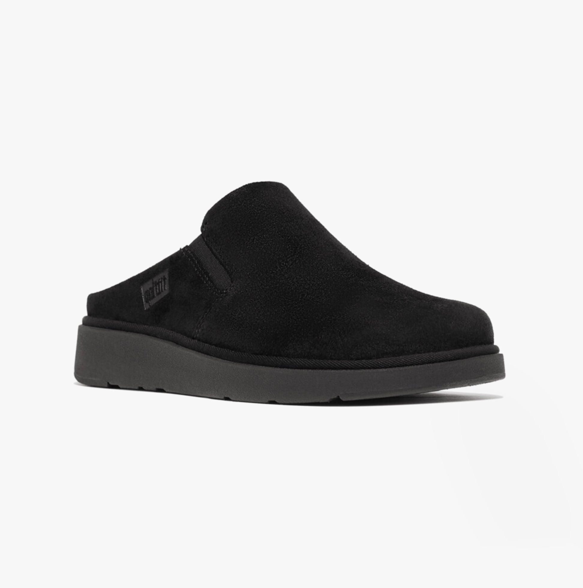 FitFlop GEN-FF Womens Mules Black side view on white background, showcasing suede upper and rubber sole.