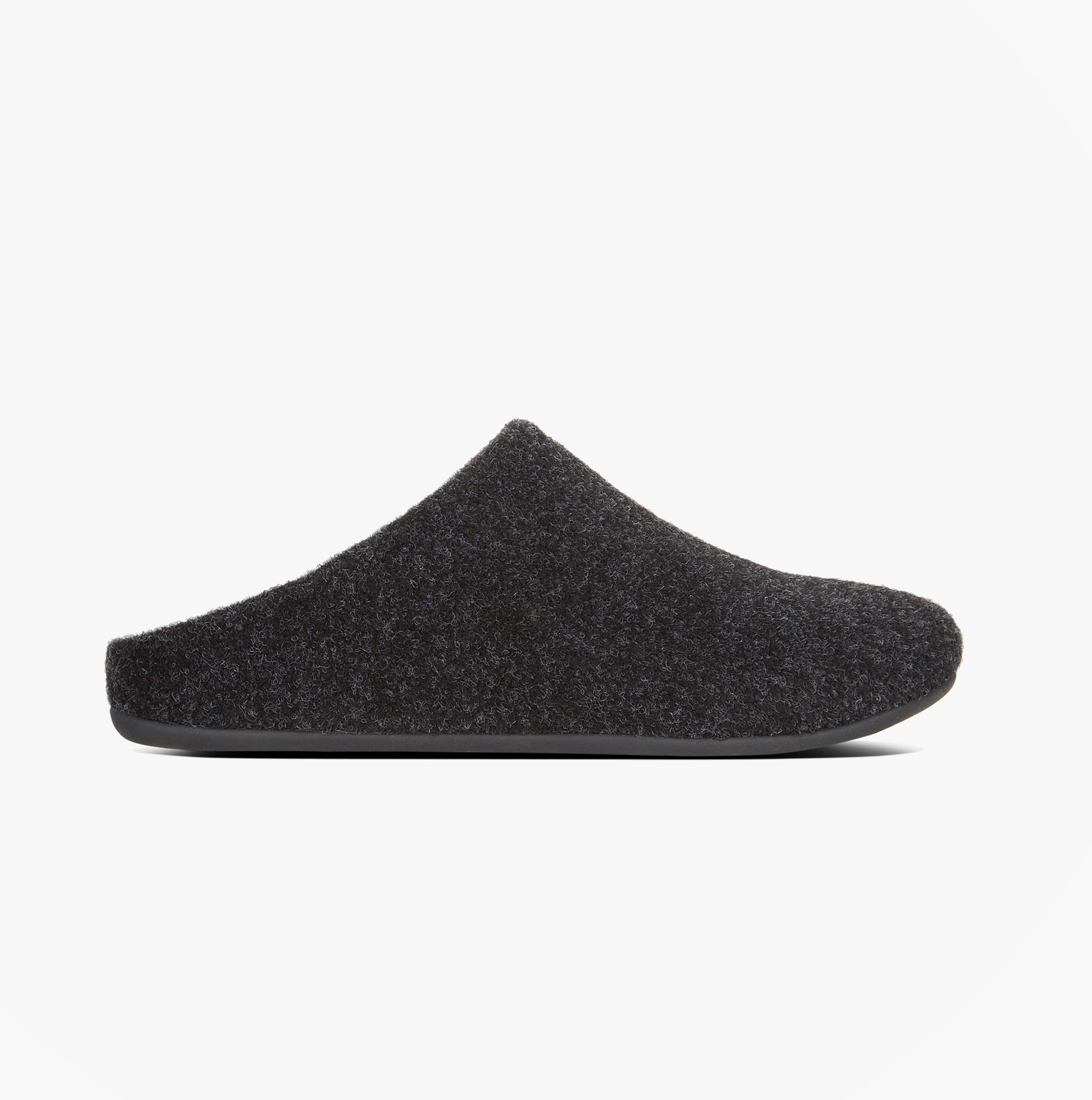 FitFlop CHRISSIE Womens Felt Slippers Black side view, comfortable slip-on mules with round toe design.