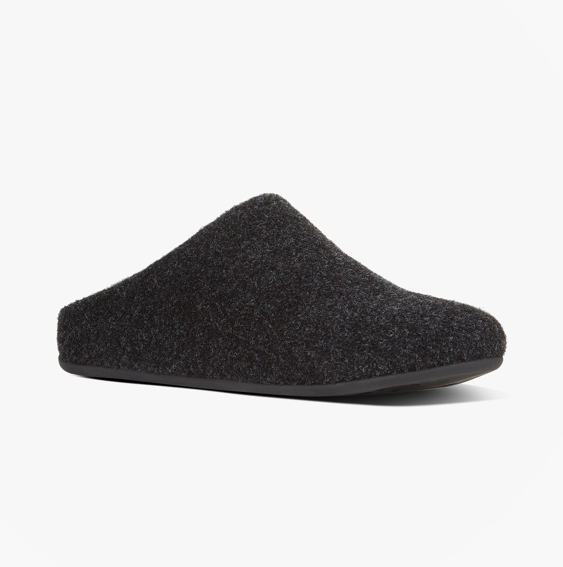 FitFlop CHRISSIE Womens Felt Slippers Black side view showing comfortable mules with a soft felt upper.
