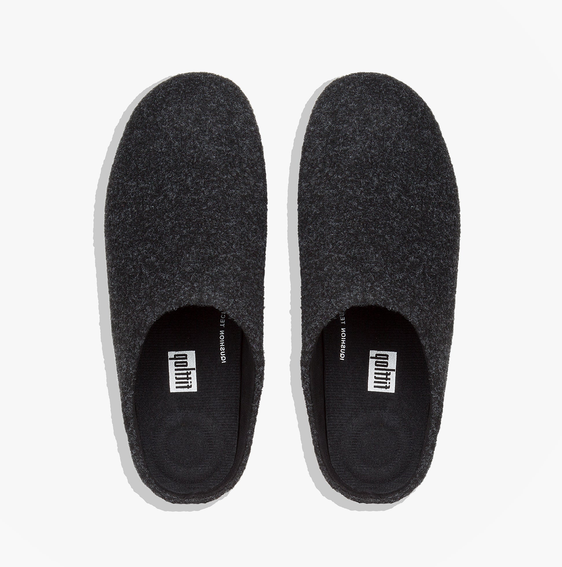 FitFlop CHRISSIE Womens Felt Slippers Black top view showing soft felt material and slip-on design