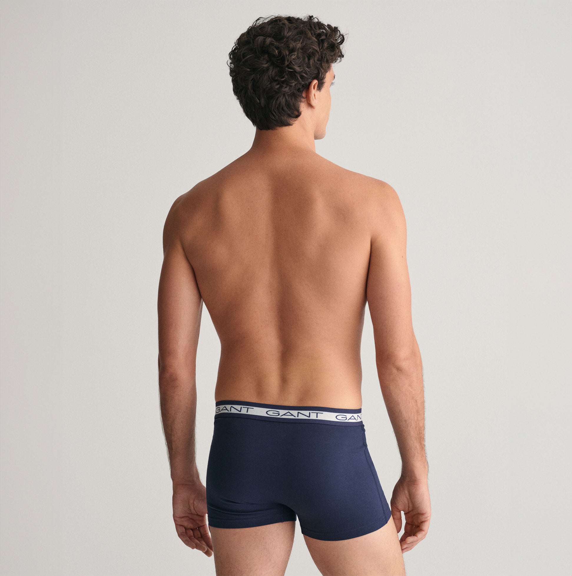 GANT CORE Mens 3 Pack Trunks Marine back view showcasing jacquard-knitted waistband and slim fit design.