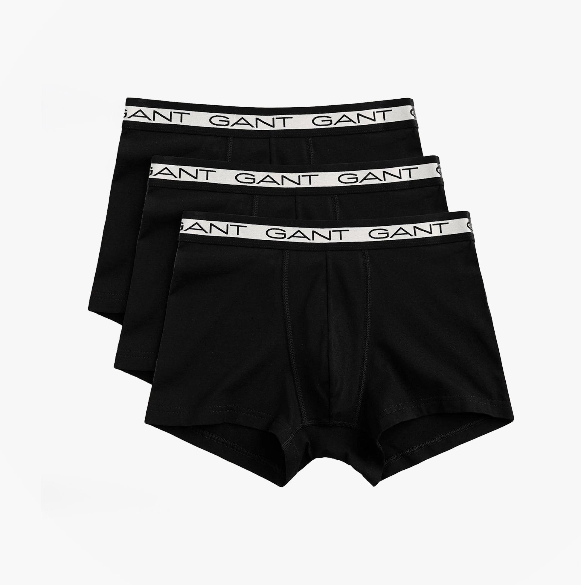GANT CORE Mens 3 Pack Trunks Black displayed from the front, highlighting the Jacquard-knitted waistband with GANT logo.