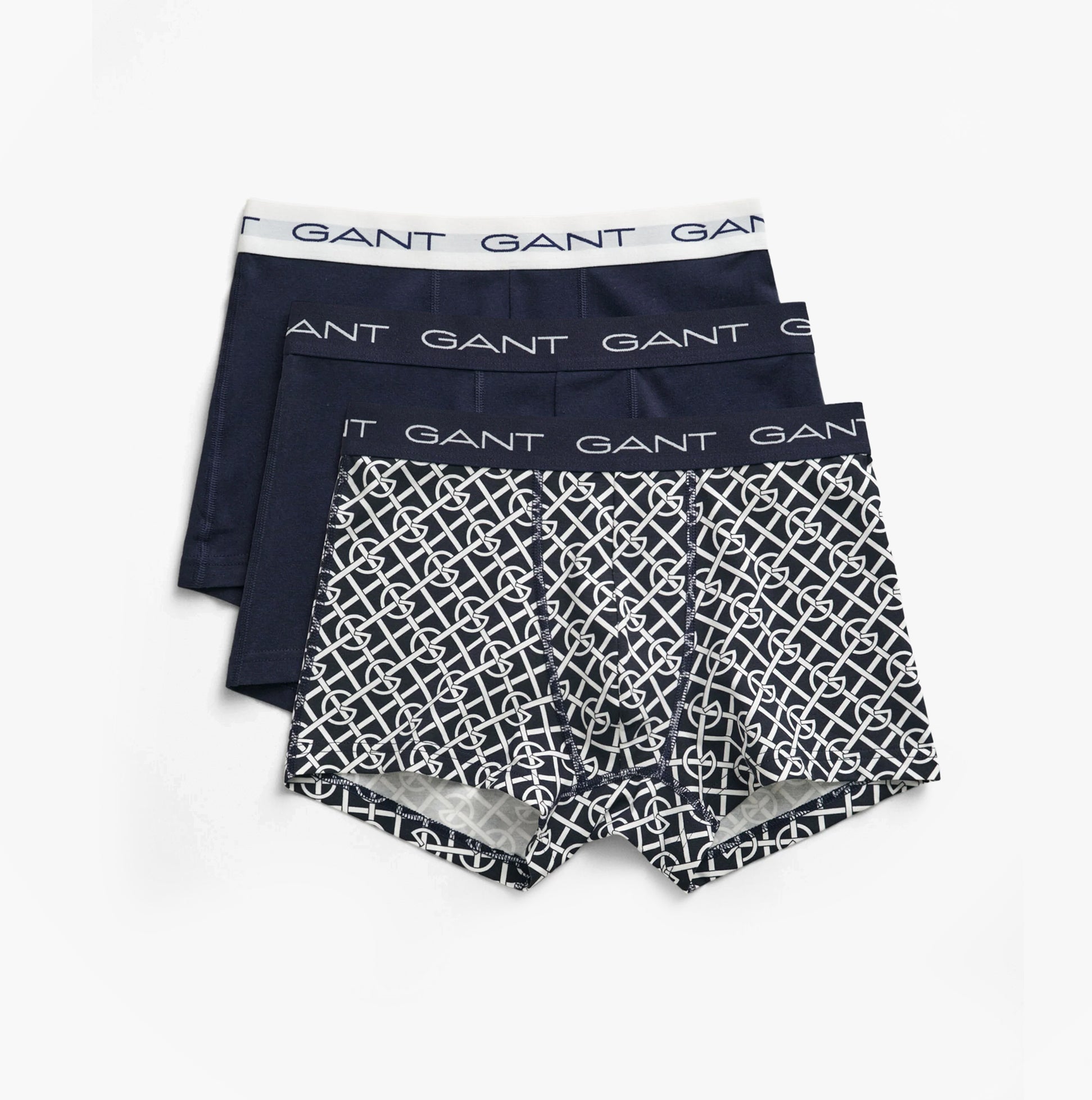 GANT G PATTERN Mens Trunks 3-Pack Evening Blue showing front view of three trunks with GANT logo waistbands.