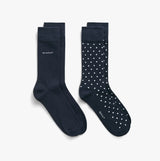 GANT DOT AND SOLID SOCKS 2-Pack Mens Marine front view showing two pairs of socks, one solid and one dotted in navy.