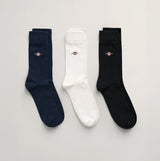GANT SHIELD SOCKS 3-Pack Mens Black, front view of black, white, and navy crew socks with logo.