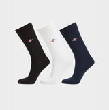 GANT SHIELD SOCKS 3-Pack Mens Black side view showing black, white, and navy crew socks with logo