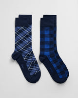 GANT CHECK SOCKS 2-Pack GIFT BOX Mens Evening Blue side view of navy and checkered pattern socks