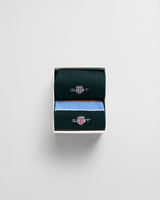 GANT SHIELD RUGGER STRIPE SOCKS 2-Pack Mens Clear Sky top view in gift box featuring dark green and light blue socks.