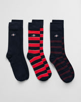 GANT SHIELD TIE STRIPE SOCKS 3-Pack Mens Bright Red, front view showing three pairs including solid and striped designs.