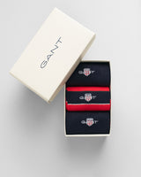 GANT SHIELD TIE STRIPE SOCKS 3-Pack Mens Bright Red, displayed in gift box, top view showcasing socks.