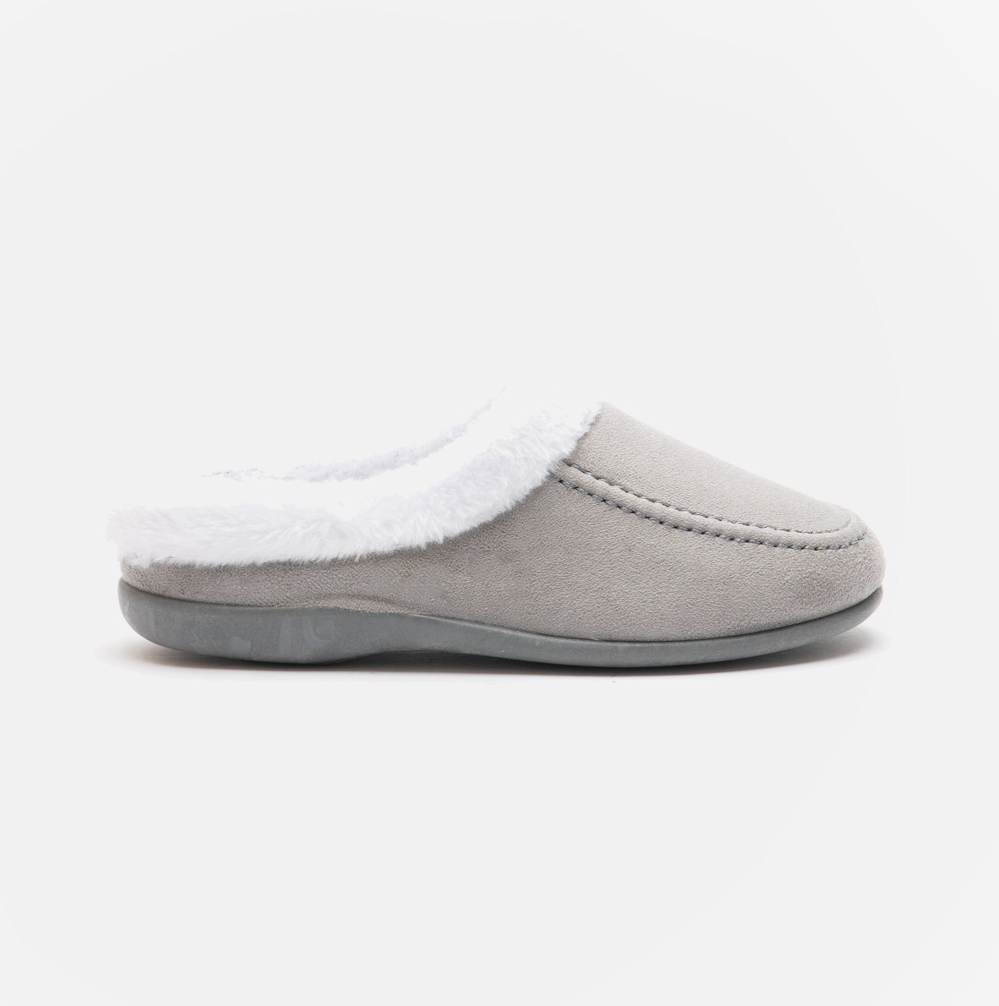 HOS Comfort AVRIL Womens Mule Slippers Grey side view, featuring a soft fabric upper and warm lining.