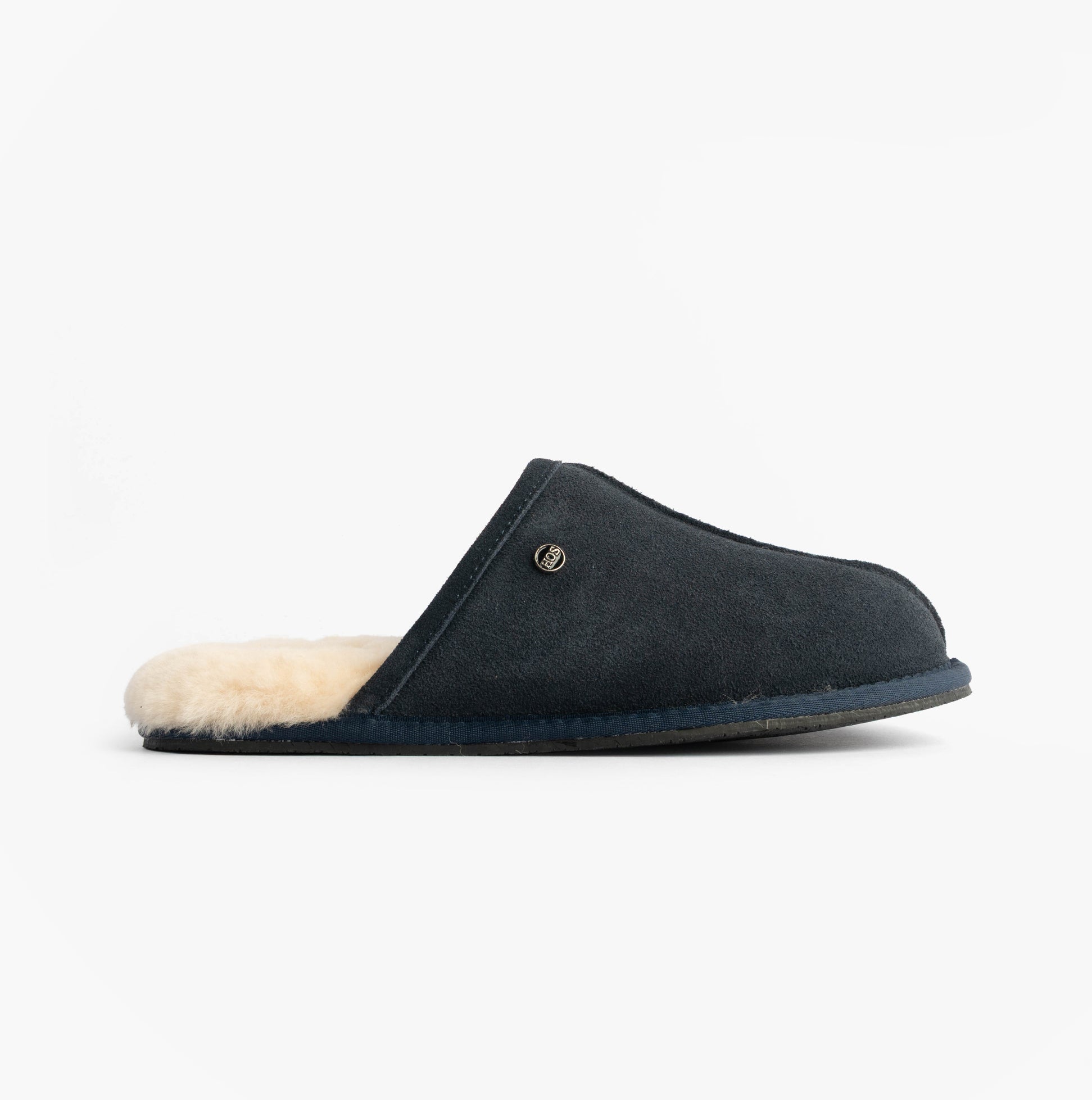 HOS Sheepskin EDWIN Mens Slippers Navy side view featuring soft sheepskin lining and suede upper.
