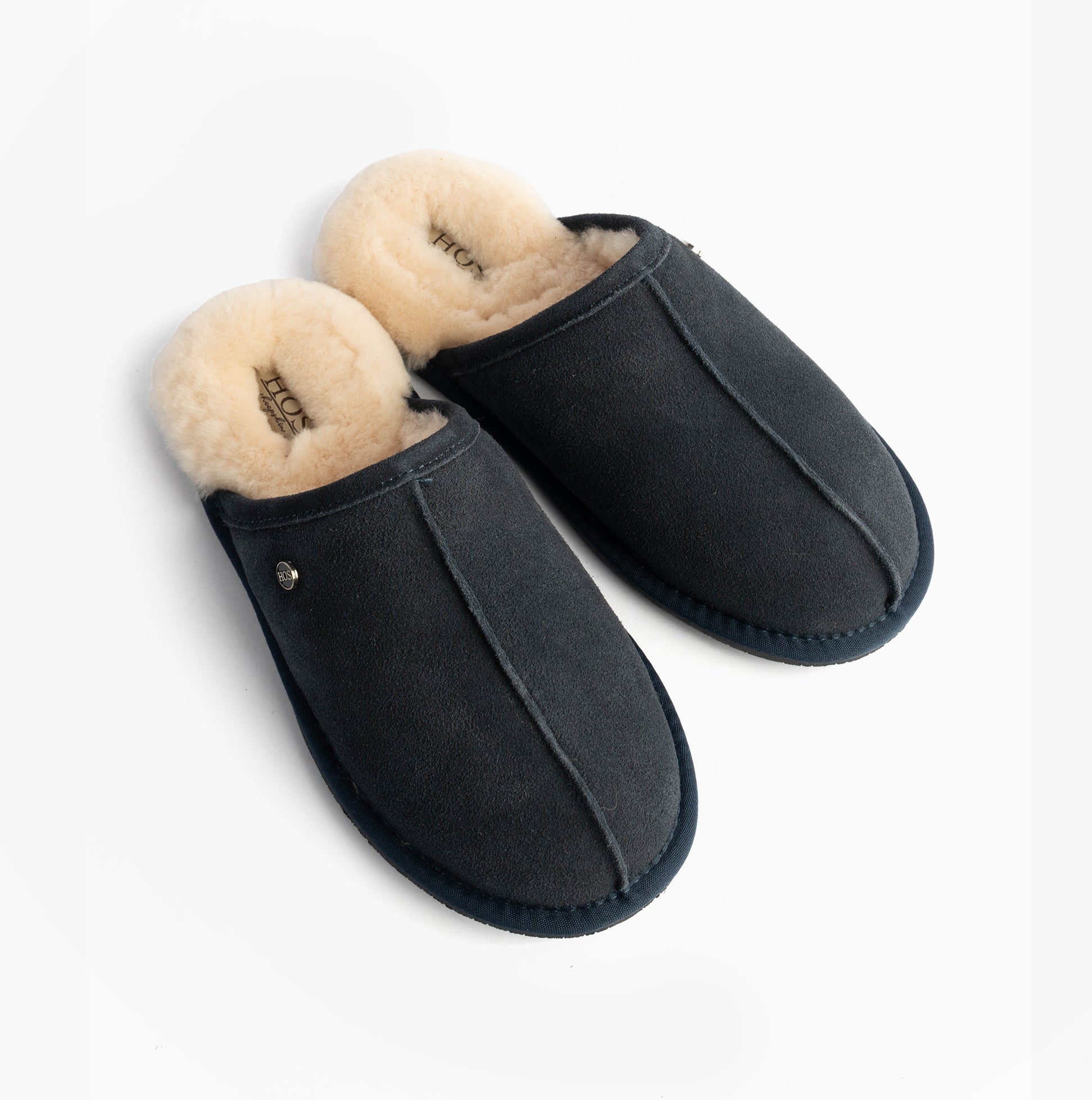 HOS Sheepskin EDWIN Mens Slippers Navy side view displaying suede exterior and warm sheepskin lining.