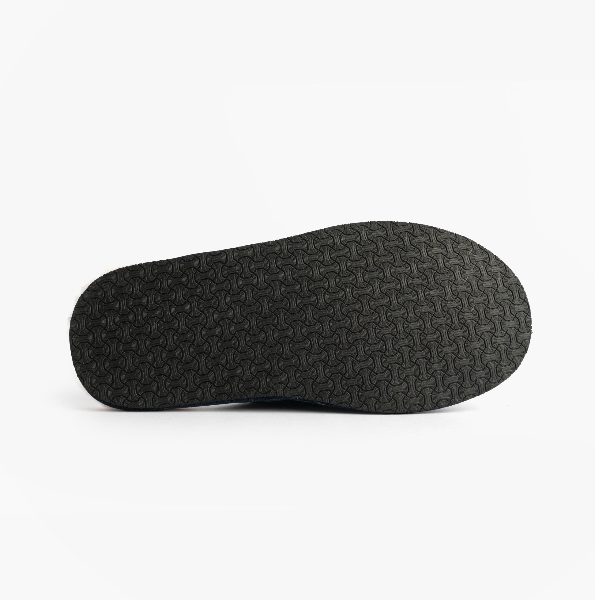 HOS Sheepskin EDWIN Mens Slippers Navy sole view showing textured synthetic sole design.