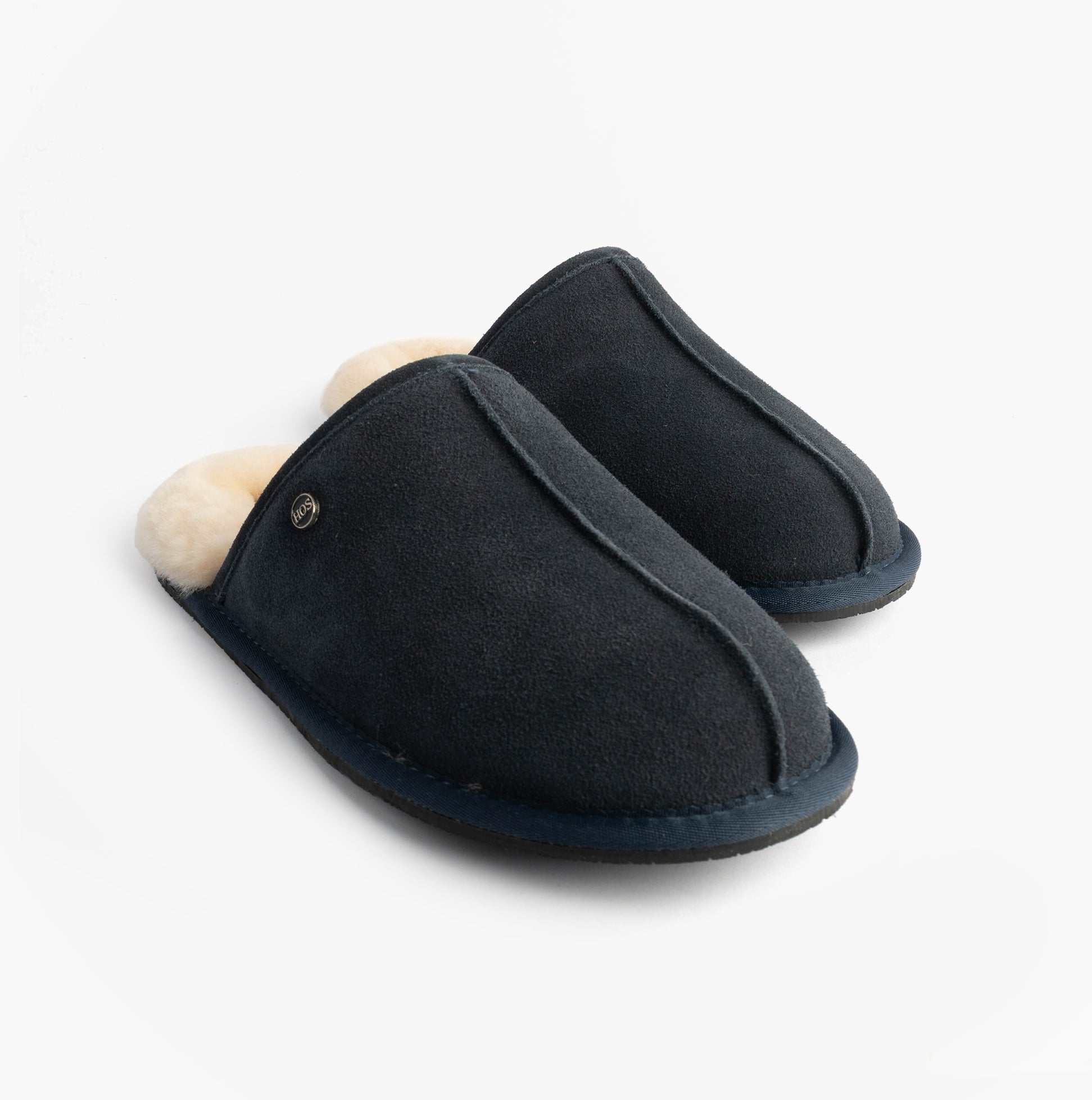 HOS Sheepskin EDWIN Mens Slippers Navy side view showing suede upper and soft sheepskin lining.