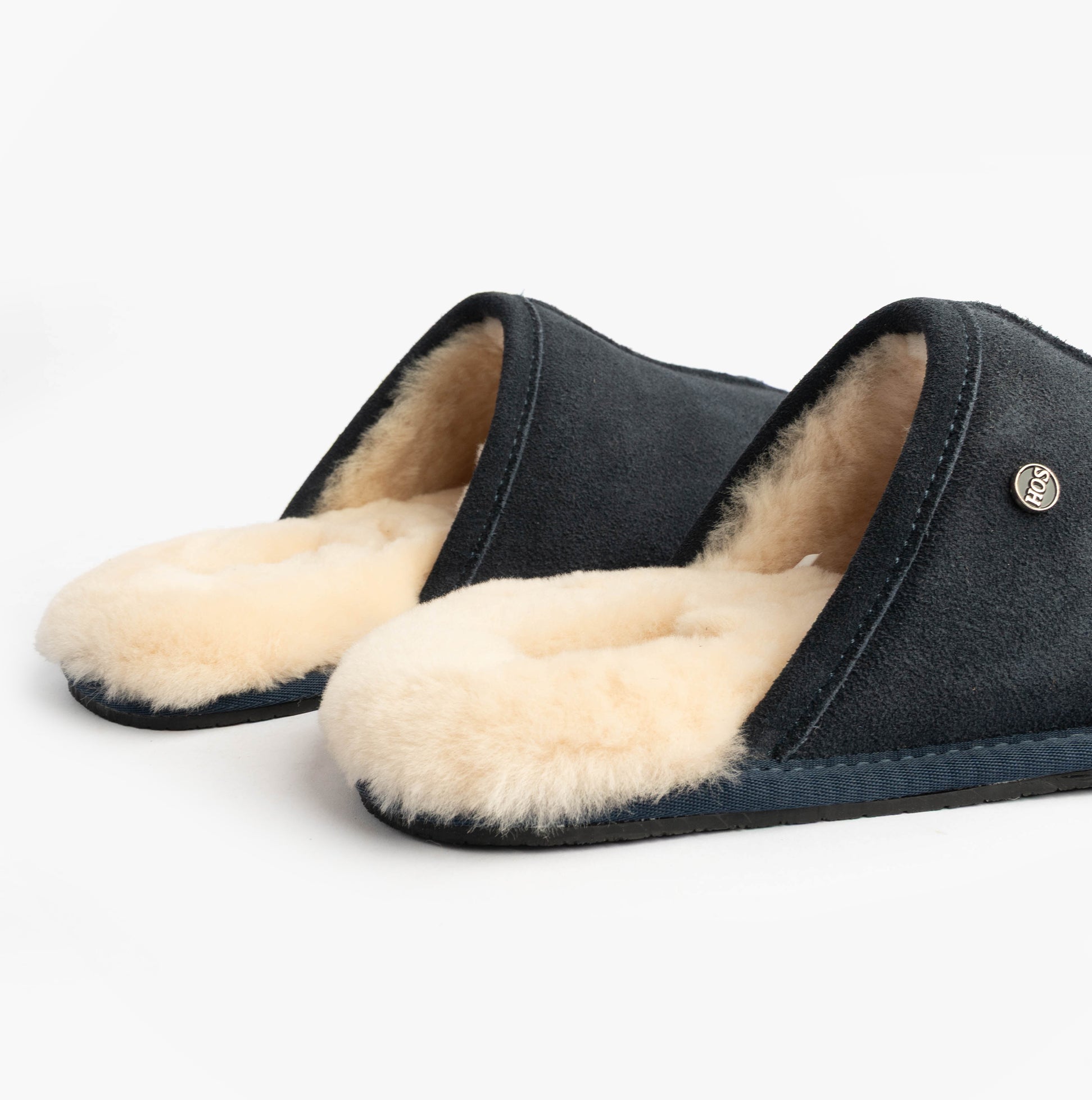 HOS Sheepskin EDWIN Mens Slippers Navy side view showing soft sheepskin lining and suede upper