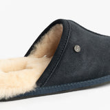 HOS Sheepskin EDWIN Mens Slippers Navy side view showcasing suede upper and warm sheepskin lining.