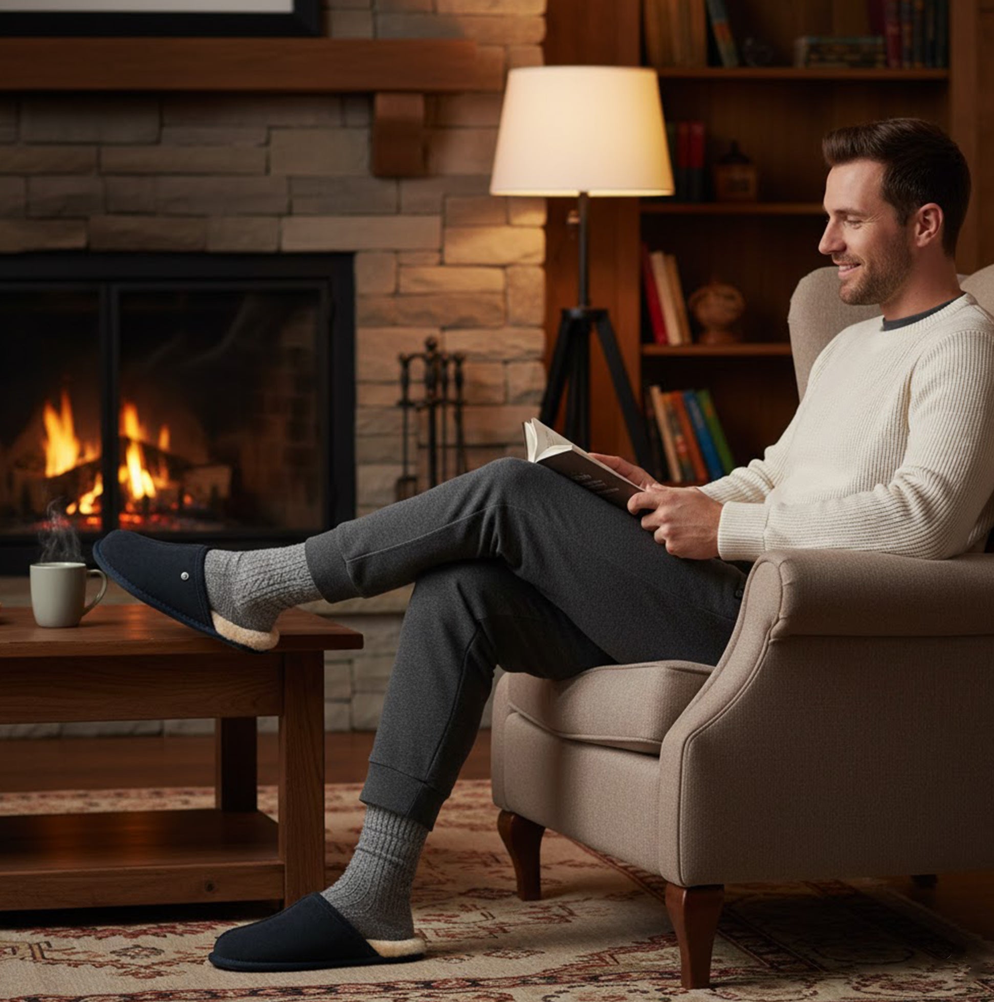 HOS Sheepskin EDWIN Mens Slippers Navy worn by a man reading by the fire in a cozy living room, side view.