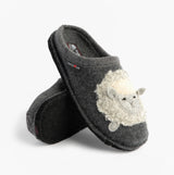 Haflinger LAMBY Womens Slippers Anthracite side view showcasing sheep design and slip-on style.