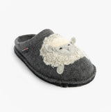 Haflinger LAMBY Womens Slippers Anthracite side view with sheep design and round toe, comfortable slip-on mules.