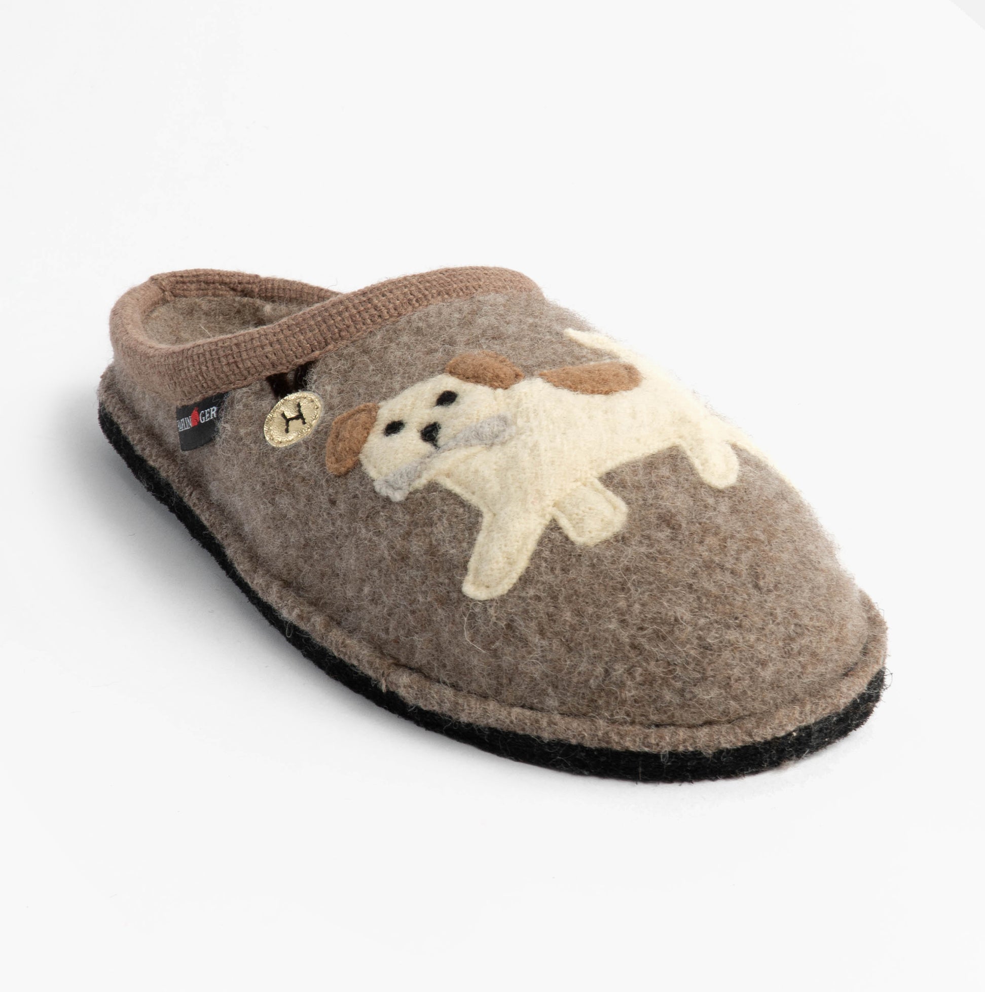 Haflinger FIDO Womens Slippers Beige side view featuring cute dog design, textile upper, and rubber sole.