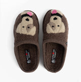 Haflinger RUDI Womens Slippers Brown top view with dog design, comfortable slip-on mules made of textile and rubber.