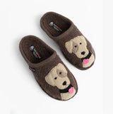 Haflinger RUDI Womens Slippers Brown, side view with dog design, slip-on mules, textile upper and rubber sole.