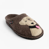 Haflinger RUDI Womens Slippers Brown side view with dog design, comfortable textile upper and rubber sole.