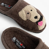 Haflinger RUDI Womens Slippers Brown front view showing a dog design on the toe and textile upper.