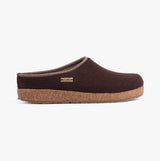 Haflinger KRIS Womens Felt Clogs Espresso side view featuring wool upper, cork sole, and slip-on style.