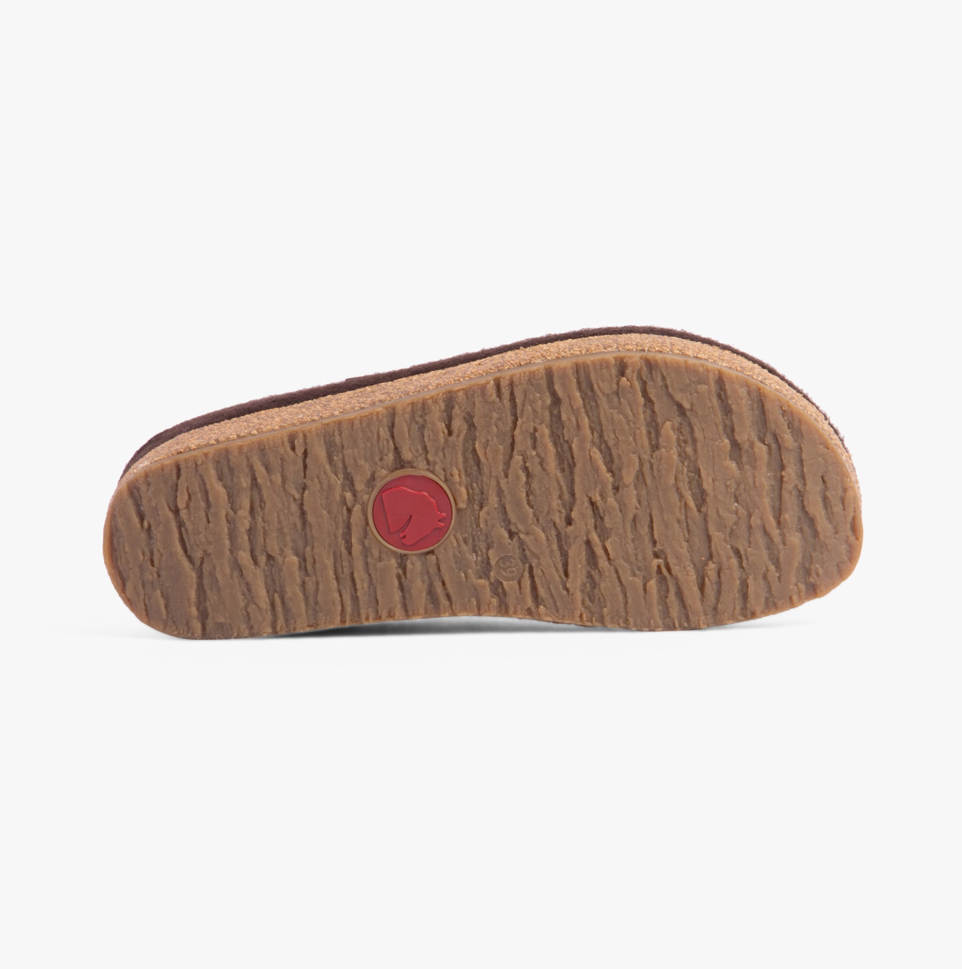 Haflinger KRIS Womens Felt Clogs Espresso bottom view with cork and rubber sole detailing.