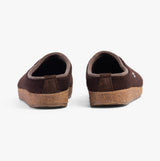 Haflinger KRIS Womens Felt Clogs Espresso back view showing wool upper and cork sole.