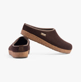 Haflinger KRIS Womens Felt Clogs Espresso side and rear view showing wool upper and cork sole.