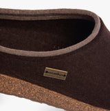 Haflinger KRIS Womens Felt Clogs Espresso detail view showing wool upper and cork sole