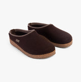 Haflinger KRIS Womens Felt Clogs Espresso side view showing wool upper and cork sole.