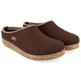 Haflinger KRIS Womens Felt Clogs Espresso side view showcasing wool upper and cork sole.