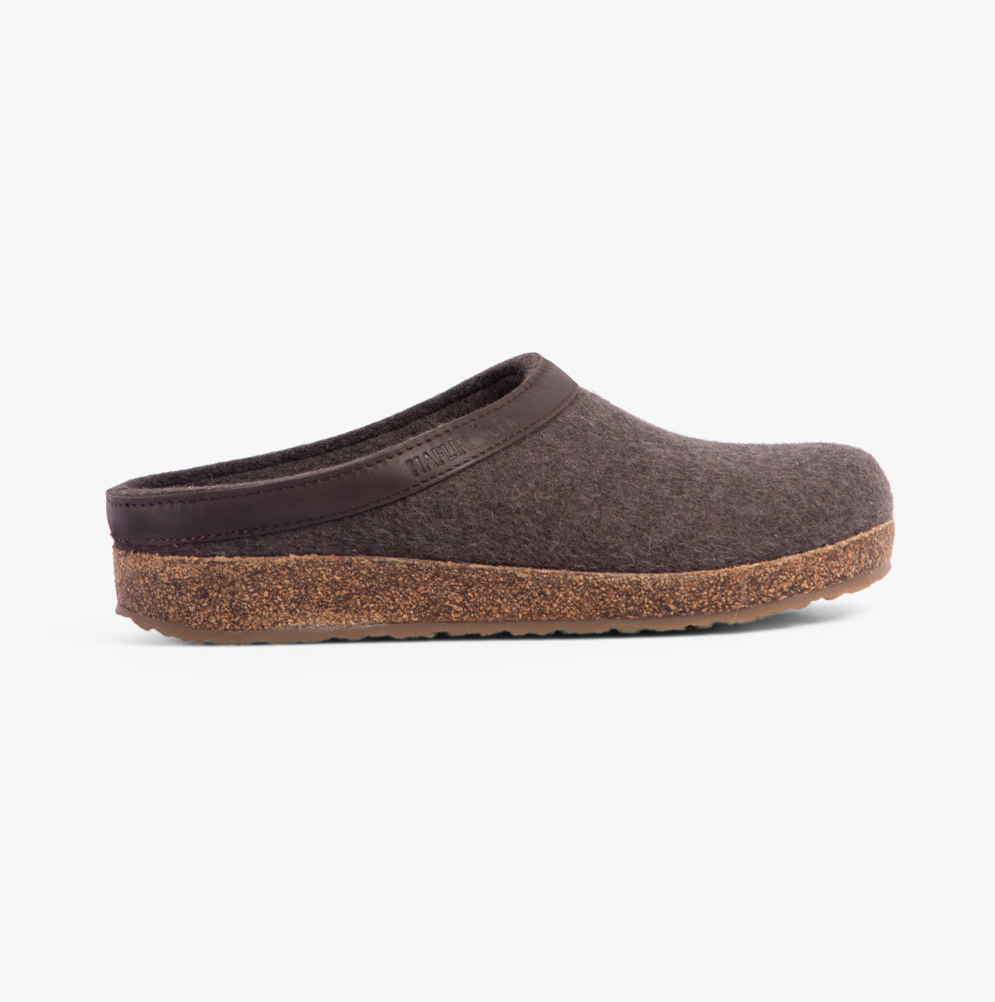 Haflinger TORBEN Womens Felt Clogs Mottled Brown side view showing wool upper, cork sole, and slip-on design.