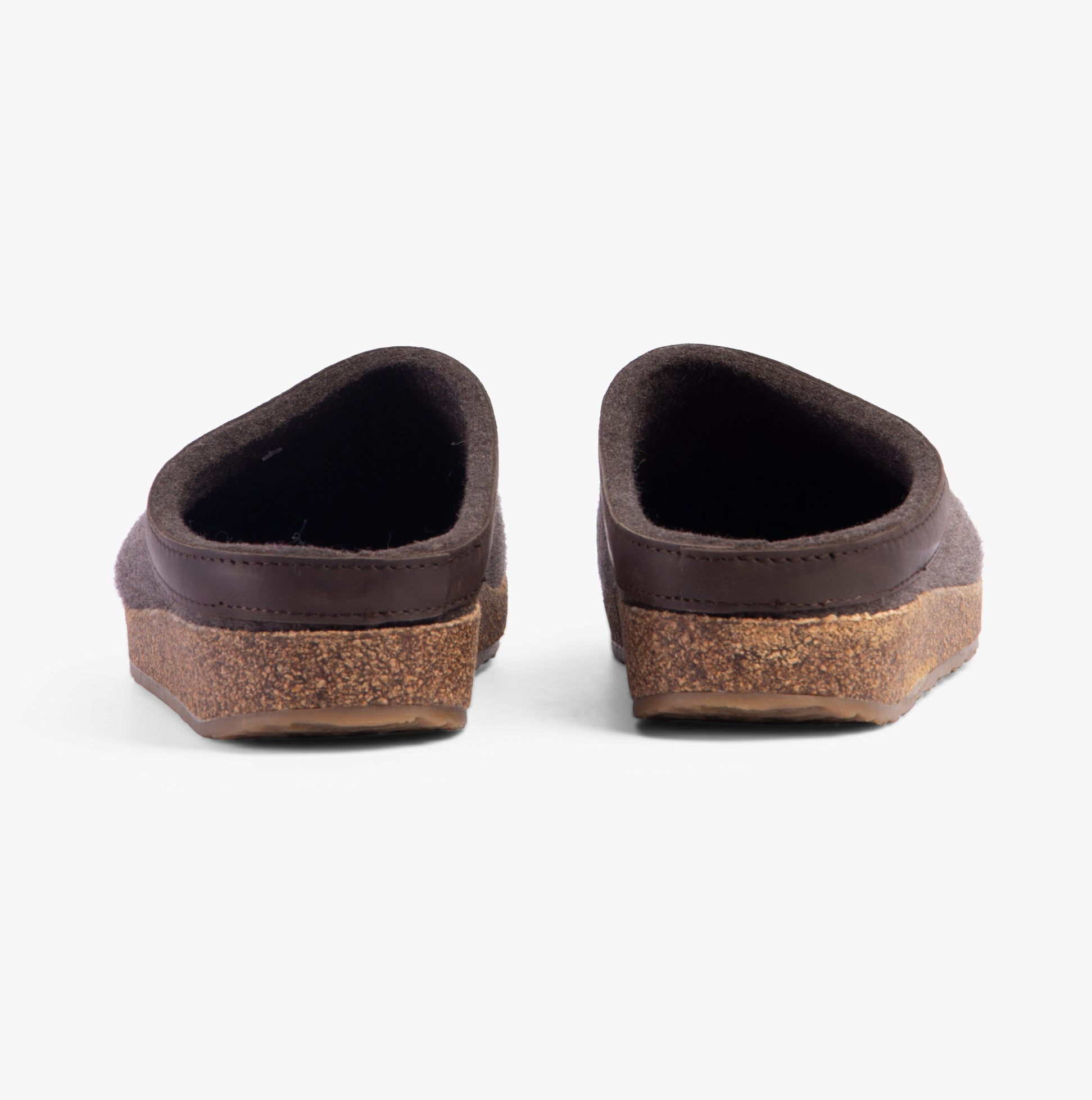 Haflinger TORBEN Womens Felt Clogs Mottled Brown back view showing cork sole detail.