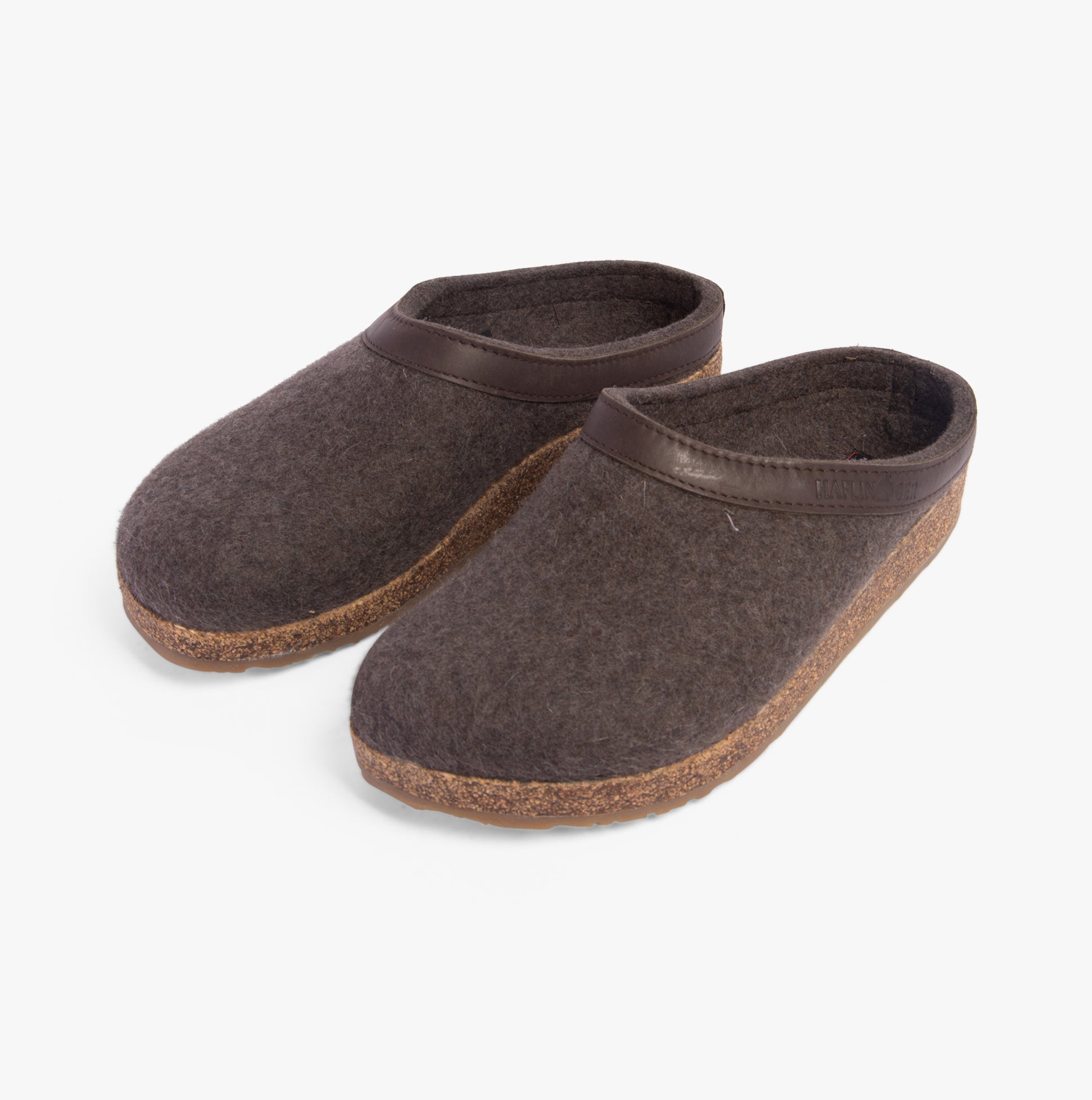 Haflinger TORBEN Womens Felt Clogs Mottled Brown side view showing wool upper and cork sole