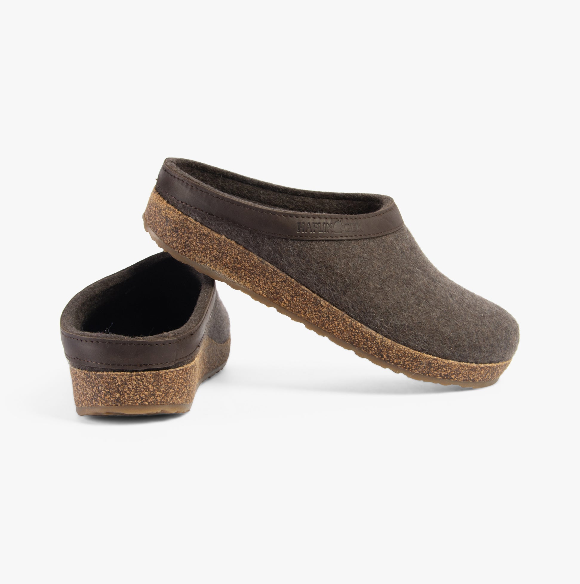 Haflinger TORBEN Womens Felt Clogs Mottled Brown side view with cork sole and slip-on design.