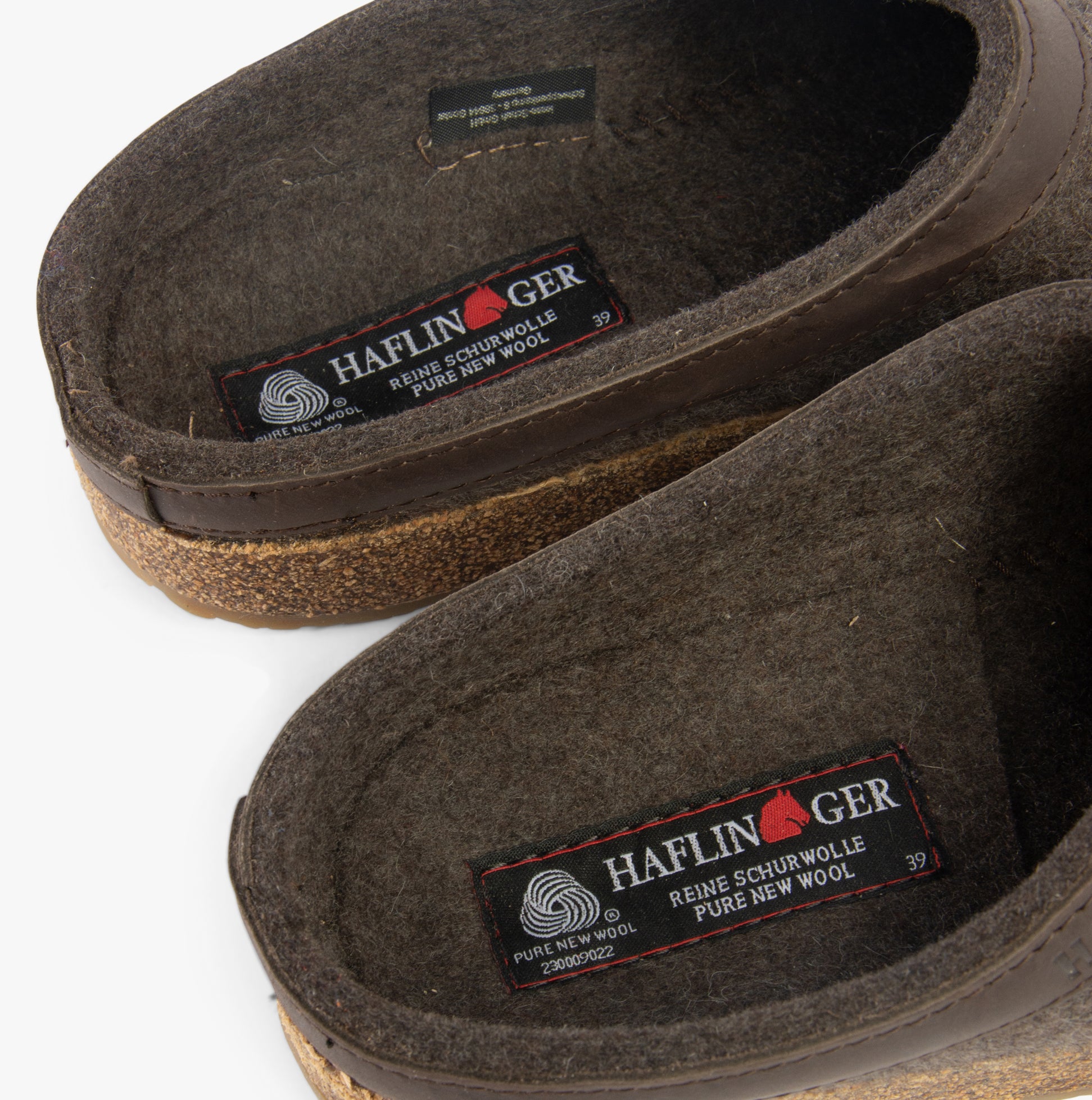 Haflinger TORBEN Womens Felt Clogs Mottled Brown detail view showing inner wool lining and cork sole.