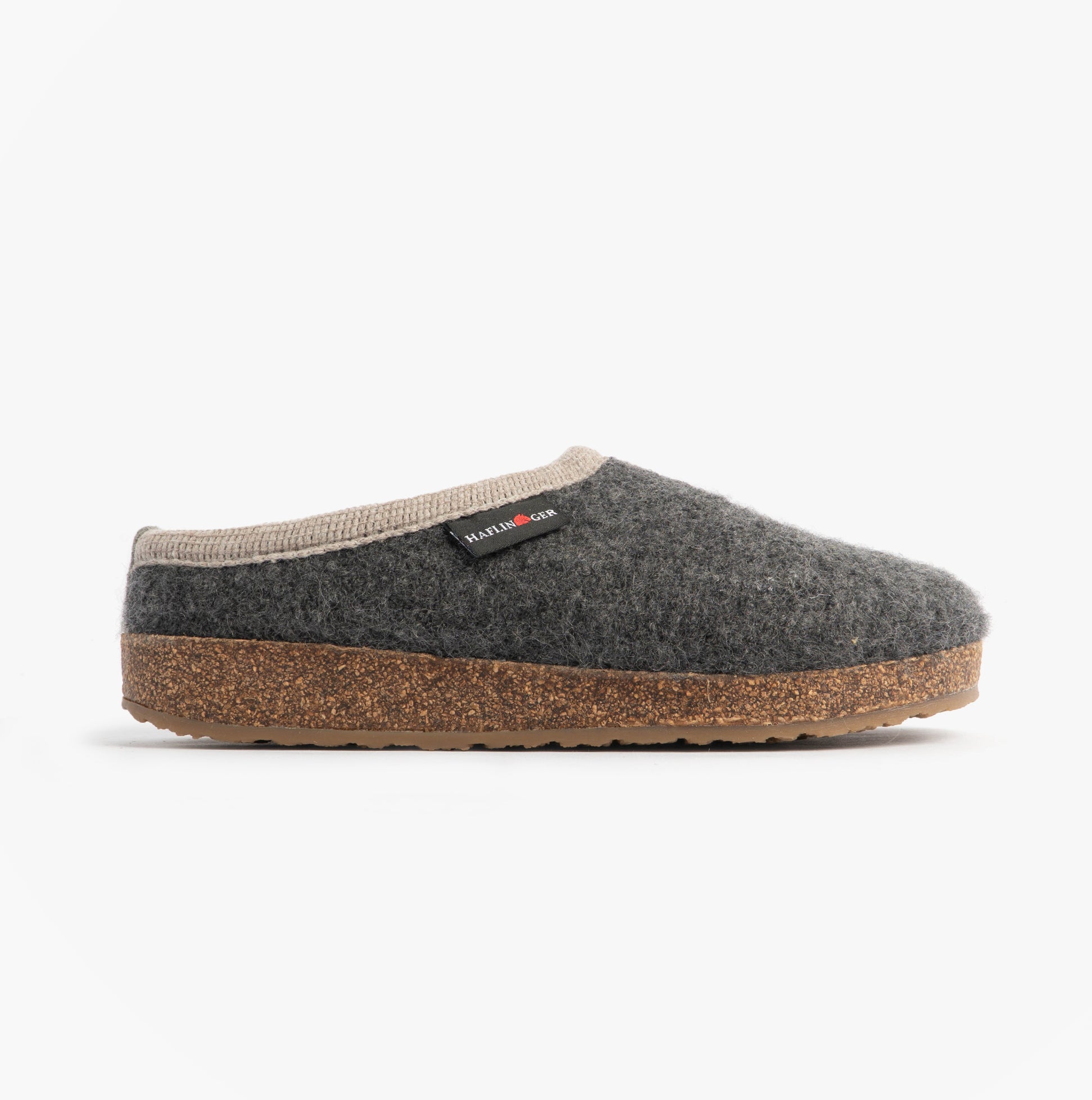 Haflinger PANDA Womens Felt Clogs Anthracite side view showing textile upper and rubber cork sole.