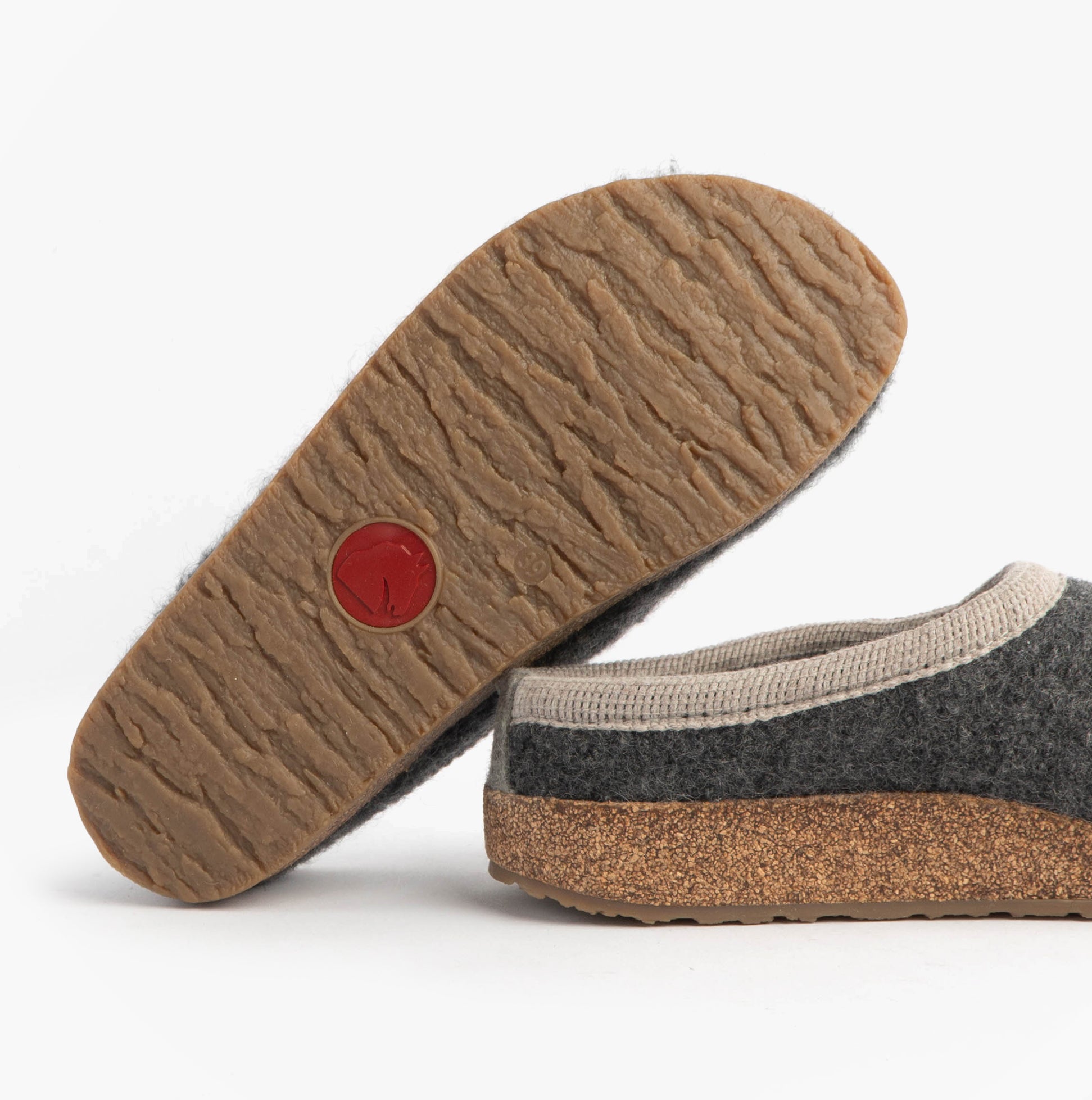 Haflinger PANDA Womens Felt Clogs Anthracite bottom view showcasing rubber and cork sole texture.