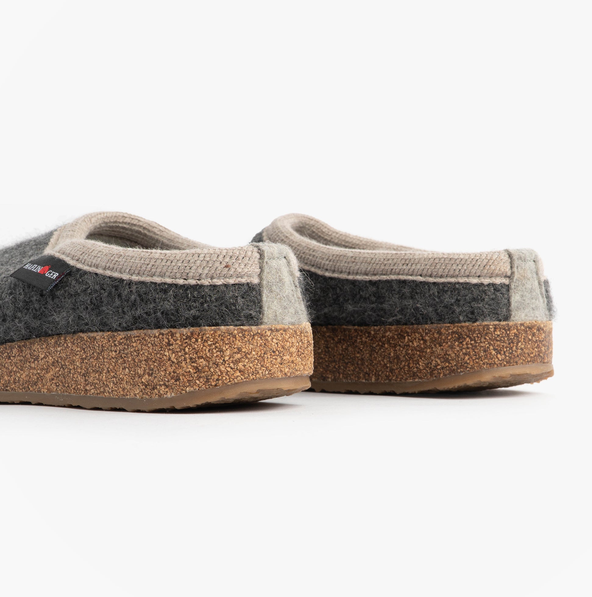 Haflinger PANDA Womens Felt Clogs Anthracite rear view showing textile upper and rubber cork sole.