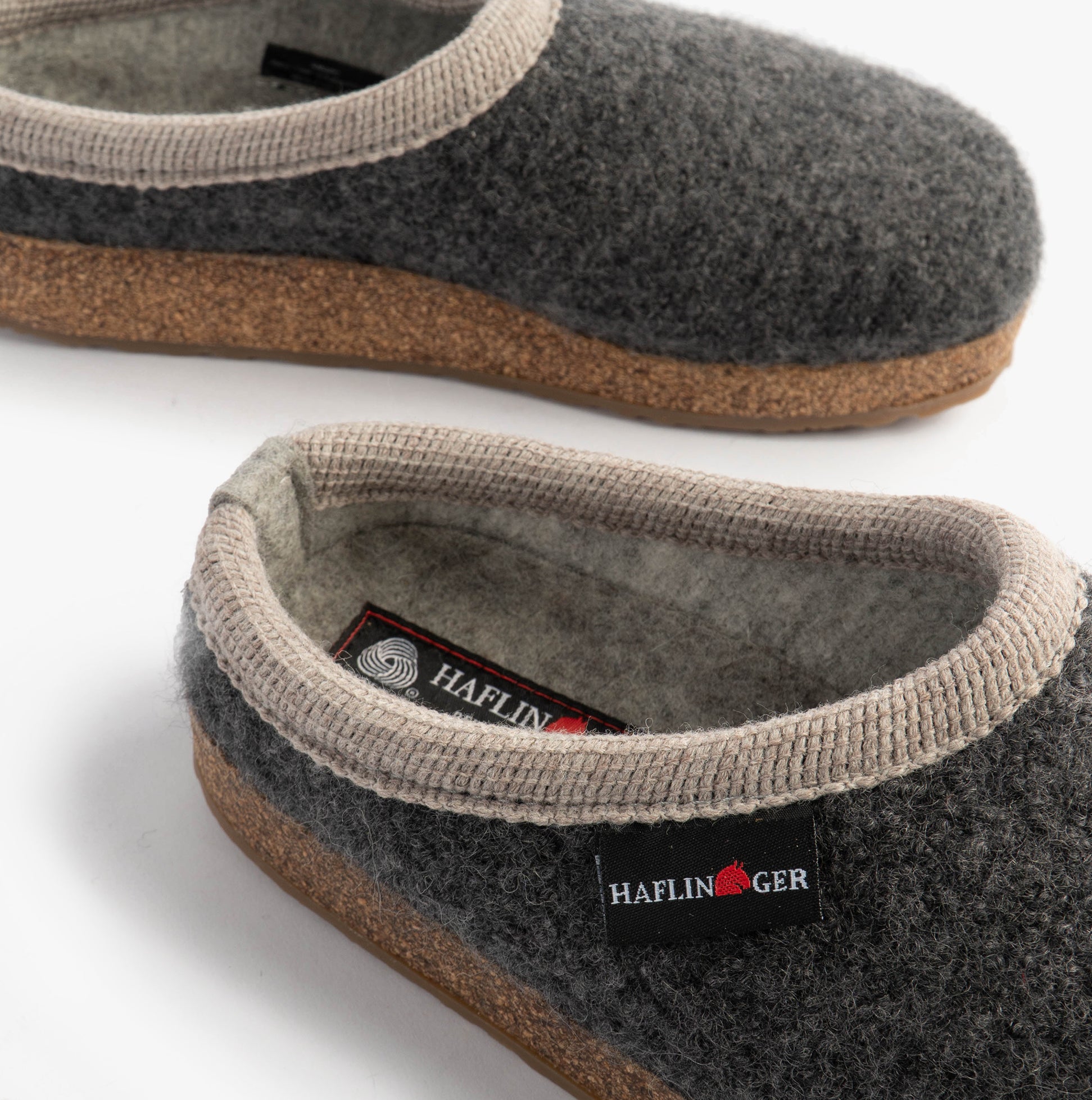 Haflinger PANDA Womens Felt Clogs Anthracite side view showcasing textile upper and rubber cork sole.