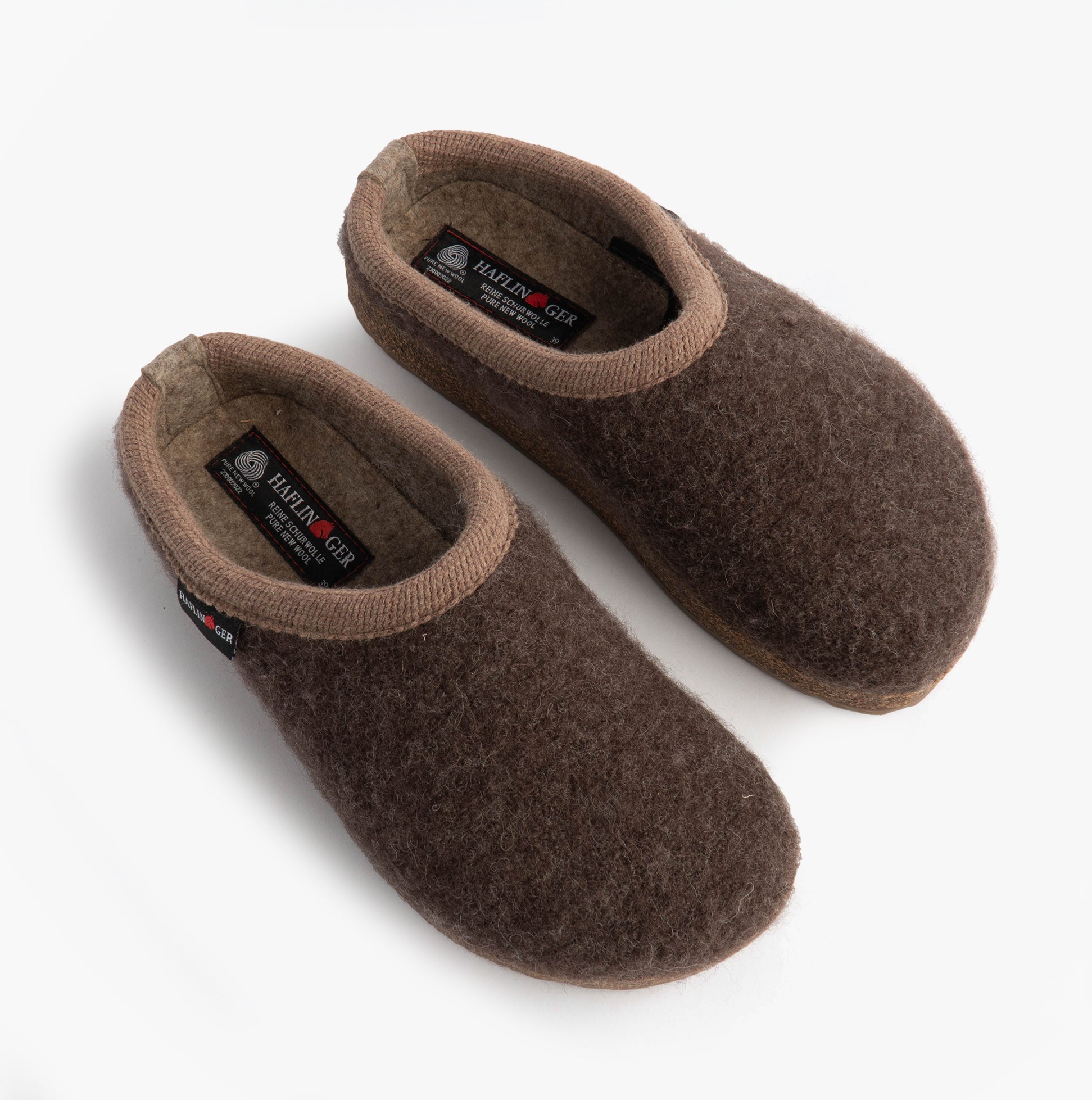 Haflinger PANDA Womens Felt Clogs Brown top view showing soft textile upper and round toe design.